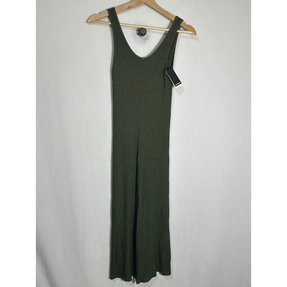 NWT Monrow Womens Ribbed Tank Dress Olive Green‎ Slub Jersey Midi Scoop Neck NEW